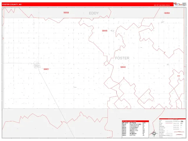 Foster County, ND ZIP Code Wall Map, RedLine style