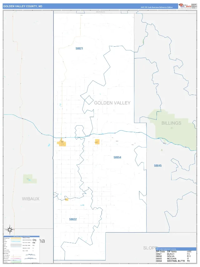 Golden Valley County, ND ZIP Code Wall Map, Business Reference style