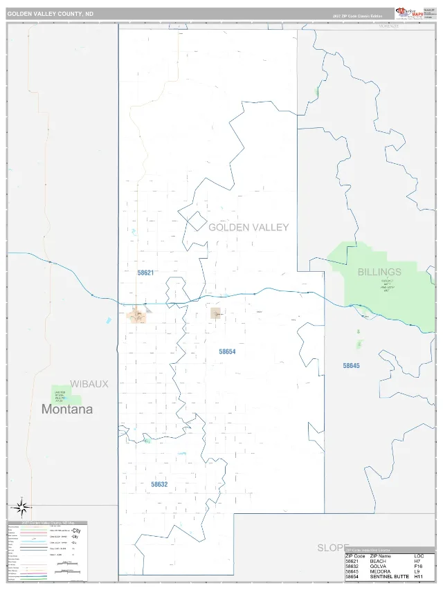 Golden Valley County, ND ZIP Code Wall Map, Classic style