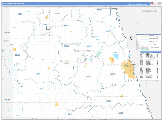 Grand Forks County, ND ZIP Code Wall Map, Business Reference style