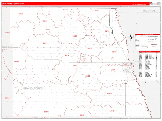 Grand Forks County, ND ZIP Code Wall Map, RedLine style