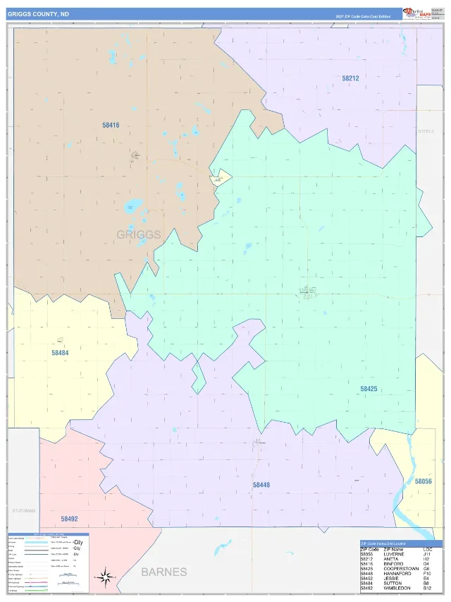 Griggs County, ND ZIP Code Wall Map, ColorCast style