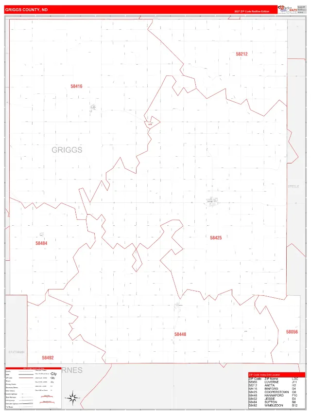 Griggs County, ND ZIP Code Wall Map, RedLine style
