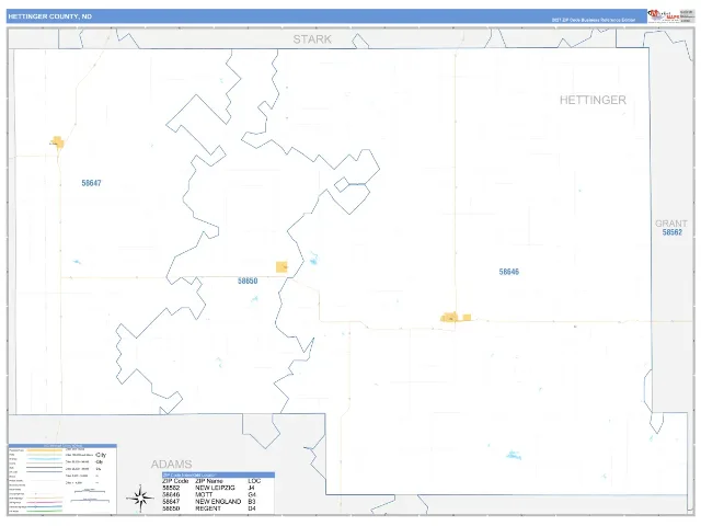 Hettinger County, ND ZIP Code Wall Map, Business Reference style