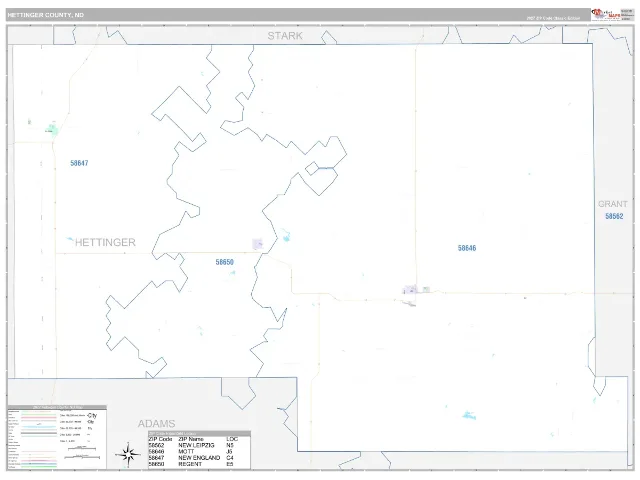 Hettinger County, ND ZIP Code Wall Map, Classic style
