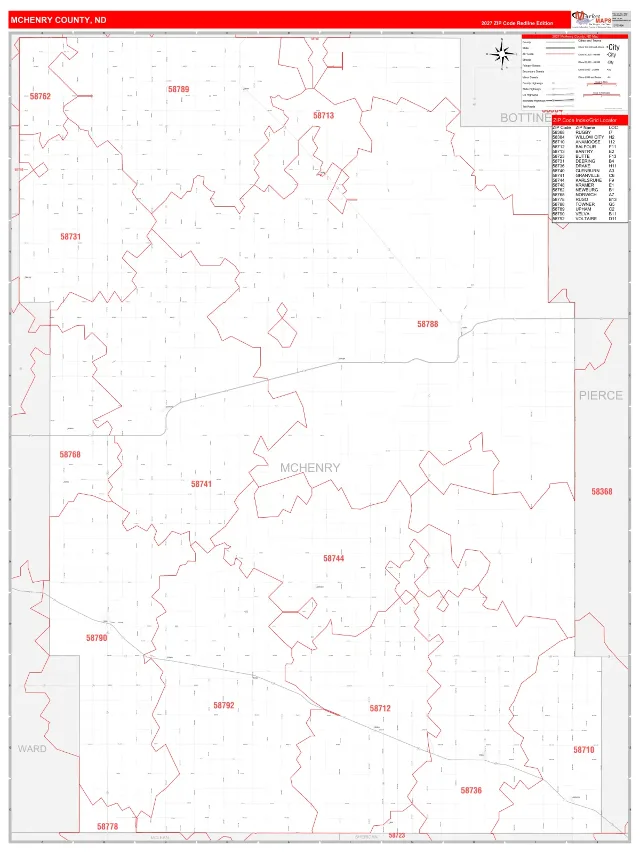 McHenry County, ND ZIP Code Wall Map, RedLine style