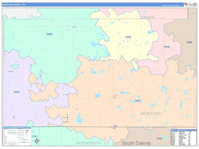 McIntosh County, ND ZIP Code Wall Map, ColorCast style