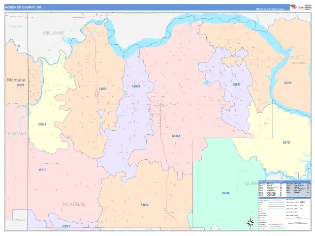 McKenzie County, ND ZIP Code Wall Map, ColorCast style