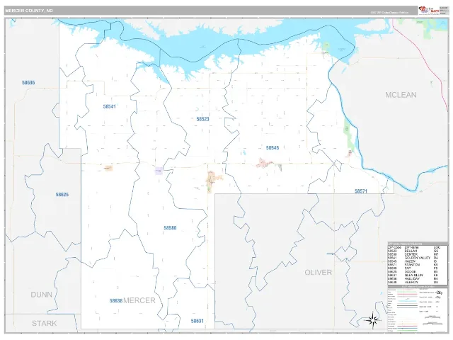 Mercer County, ND ZIP Code Wall Map, Classic style