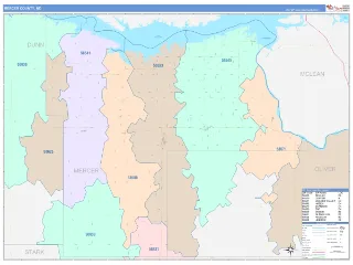 Mercer County, ND ColorCast style ZIP Code wall map