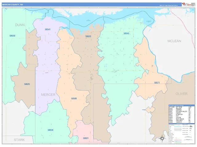 Mercer County, ND ZIP Code Wall Map, ColorCast style