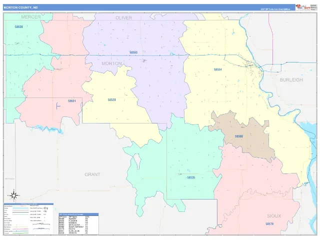 Morton County, ND ZIP Code Wall Map, ColorCast style