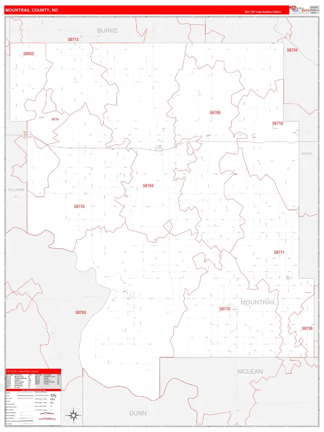 Mountrail County, ND ZIP Code Wall Map, RedLine style