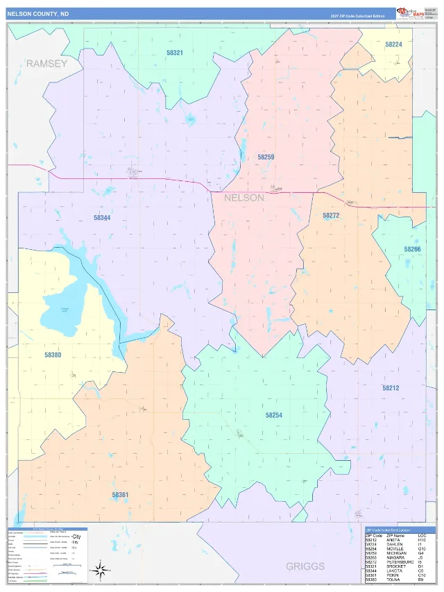 Nelson County, ND ZIP Code Wall Map, ColorCast style