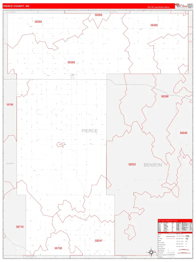 Pierce County, ND ZIP Code Wall Map, RedLine style