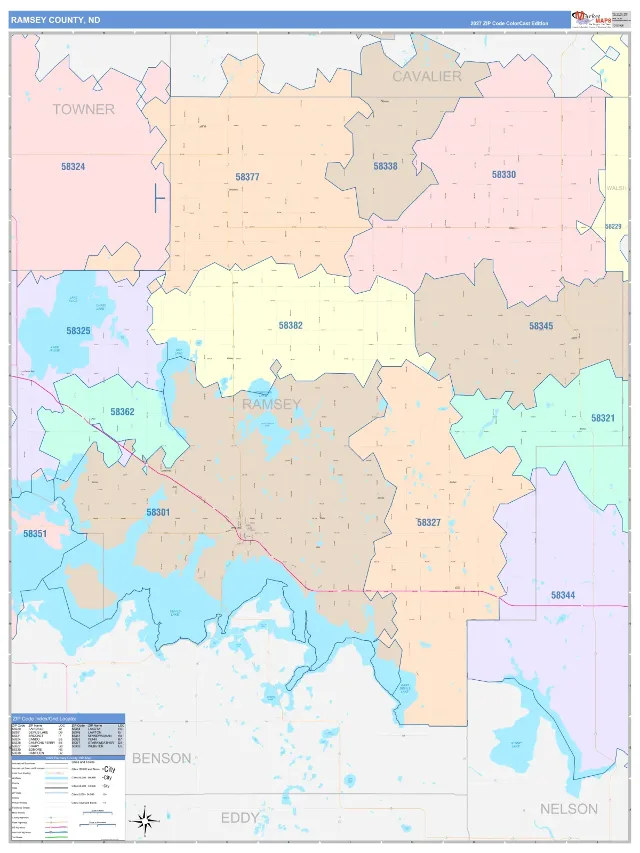 Ramsey County, ND ZIP Code Wall Map, ColorCast style