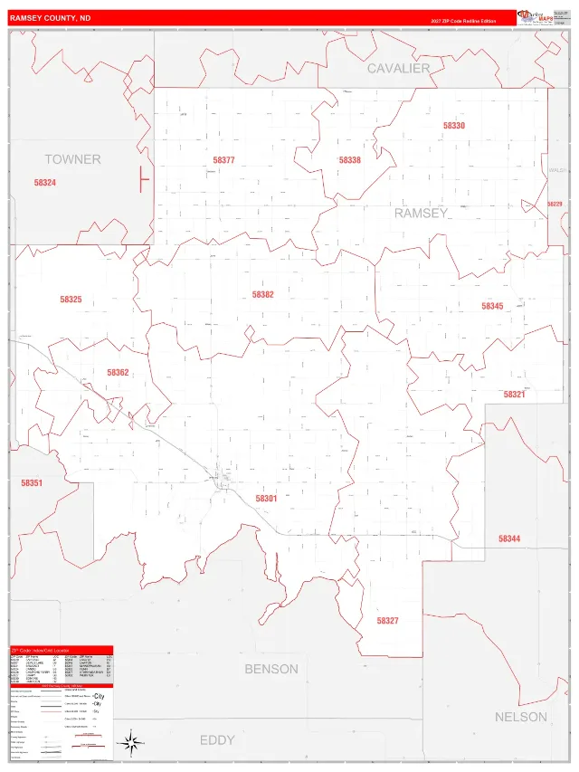 Ramsey County, ND ZIP Code Wall Map, RedLine style
