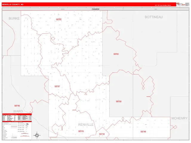 Renville County, ND ZIP Code Wall Map, RedLine style