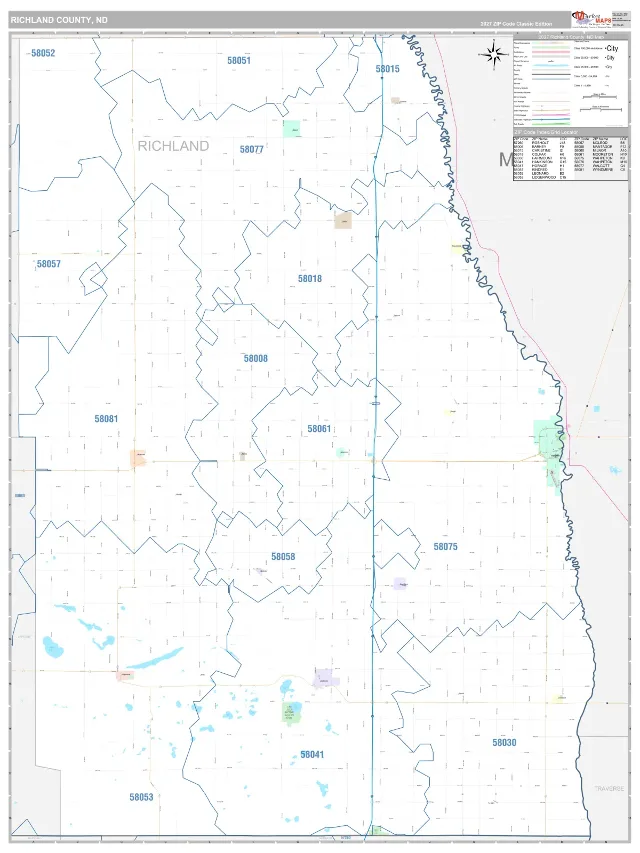 Richland County, ND ZIP Code Wall Map, Classic style