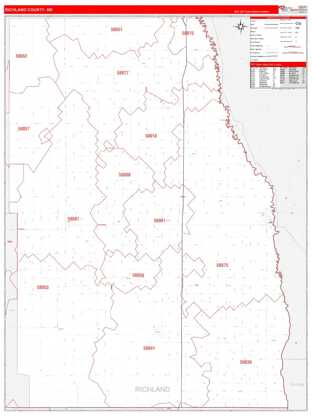 Richland County, ND ZIP Code Wall Map, RedLine style