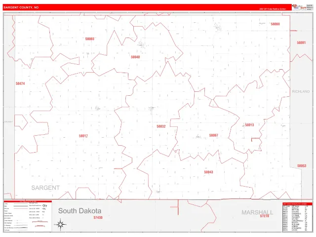 Sargent County, ND ZIP Code Wall Map, RedLine style