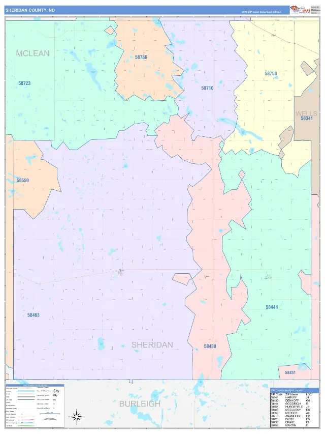 Sheridan County, ND ZIP Code Wall Map, ColorCast style