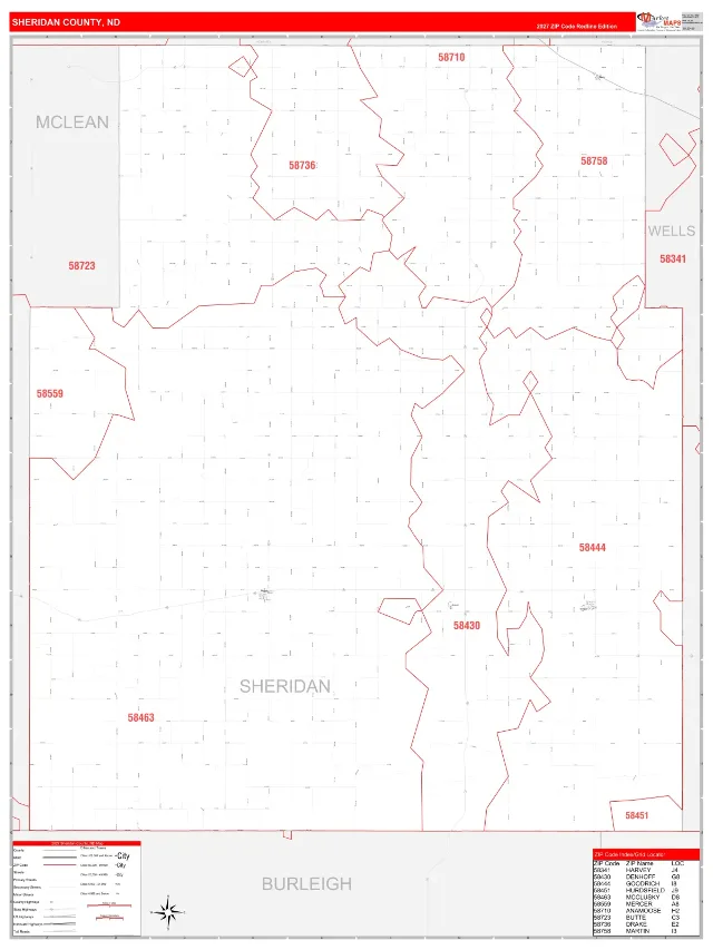 Sheridan County, ND ZIP Code Wall Map, RedLine style