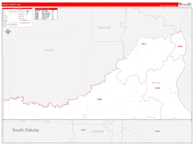 Sioux County, ND ZIP Code Wall Map, RedLine style