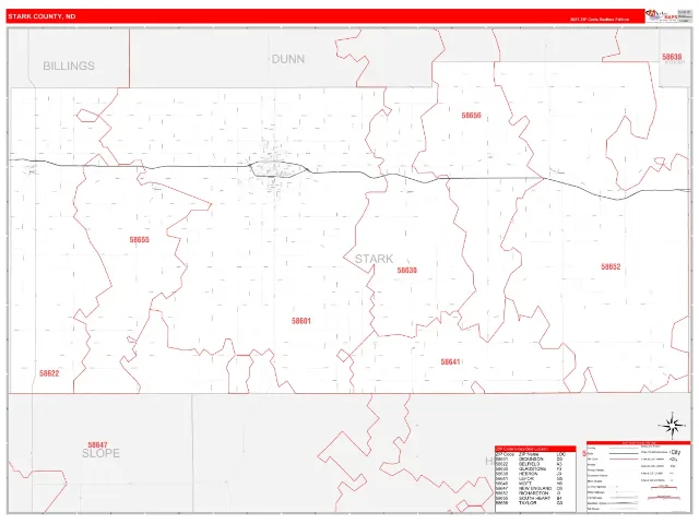 Stark County, ND ZIP Code Wall Map, RedLine style