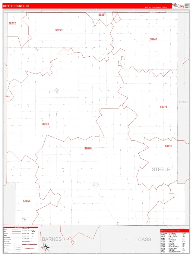 Steele County, ND ZIP Code Wall Map, RedLine style