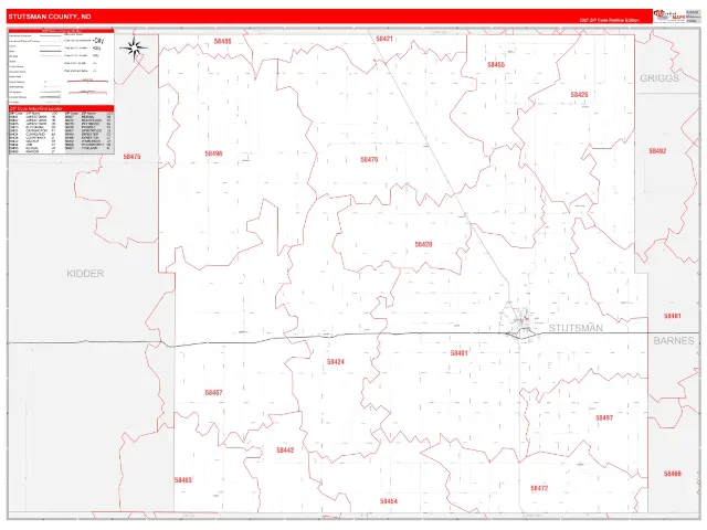 Stutsman County, ND ZIP Code Wall Map, RedLine style