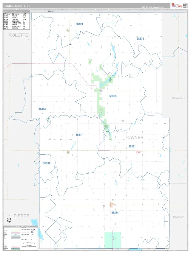 Towner County, ND ZIP Code Wall Map, Classic style