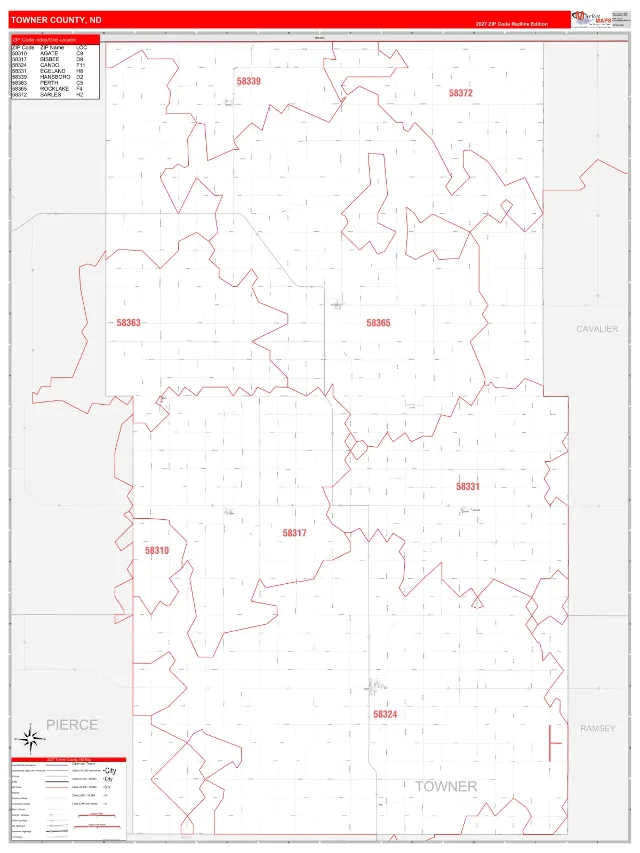 Towner County, ND ZIP Code Wall Map, RedLine style