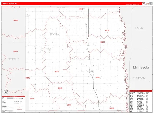 Traill County, ND ZIP Code Wall Map, RedLine style