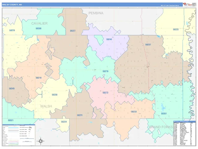 Walsh County, ND ZIP Code Wall Map, ColorCast style