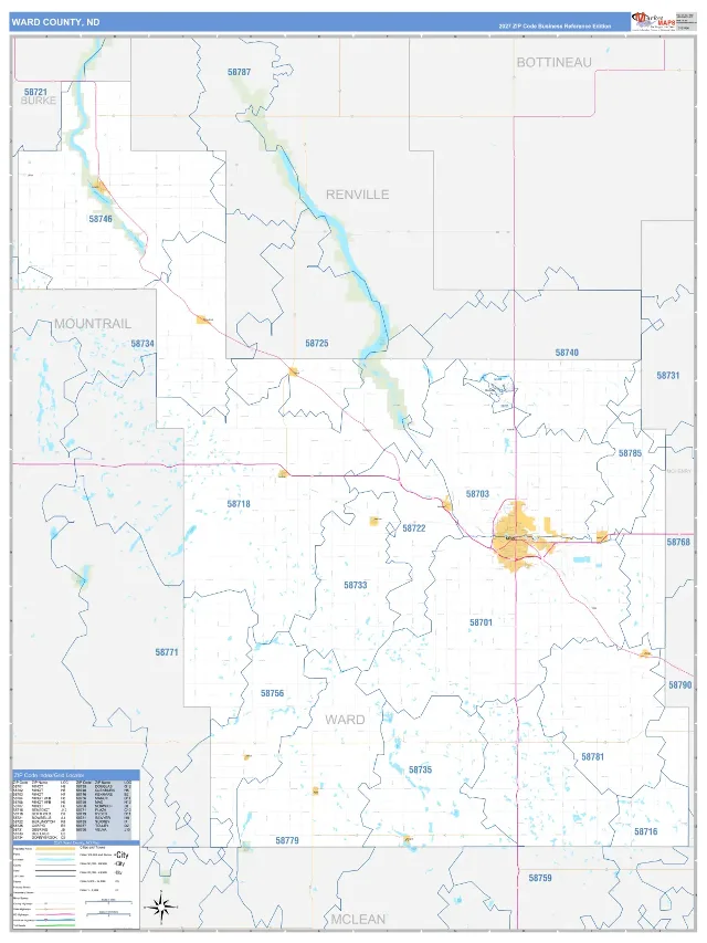 Ward County, ND ZIP Code Wall Map, Business Reference style