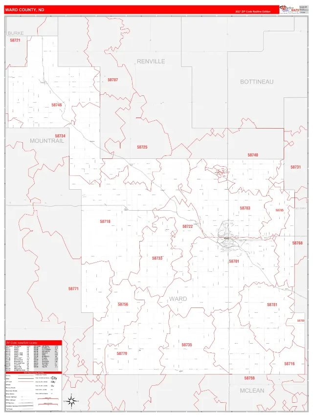 Ward County, ND ZIP Code Wall Map, RedLine style
