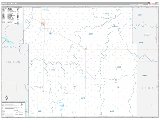 Wells County, ND ZIP Code Wall Map, Classic style