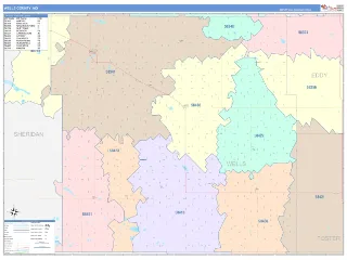 Wells County, ND ColorCast style ZIP Code wall map