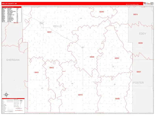 Wells County, ND ZIP Code Wall Map, RedLine style