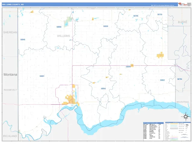 Williams County, ND ZIP Code Wall Map, Business Reference style