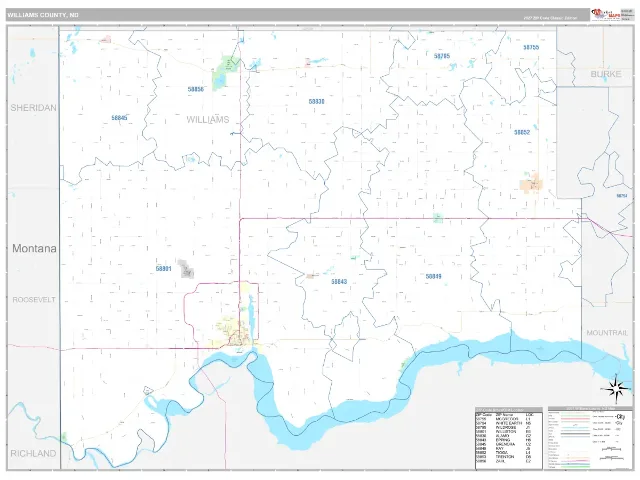 Williams County, ND ZIP Code Wall Map, Classic style