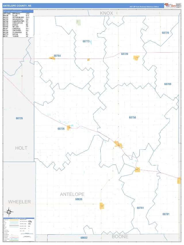 Antelope County, NE ZIP Code Wall Map, Business Reference style