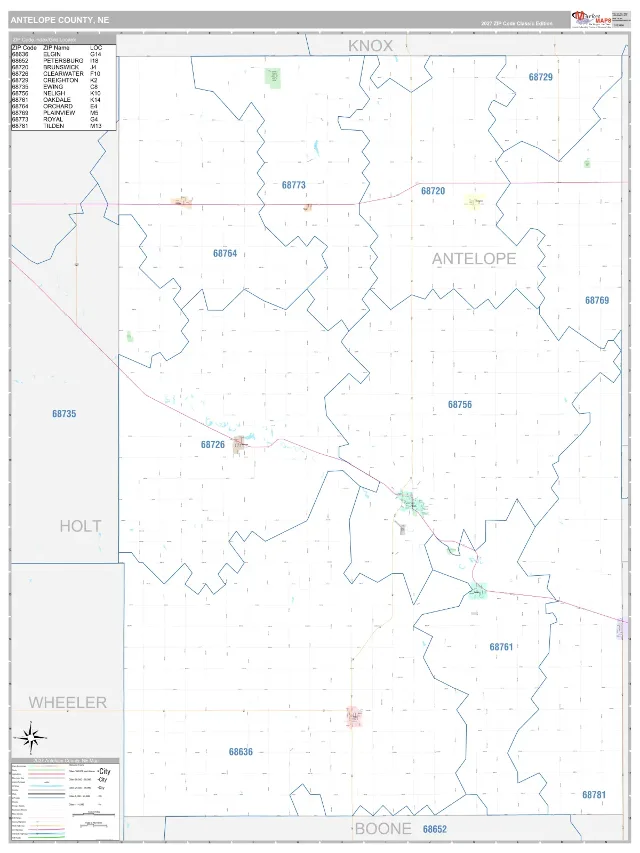 Antelope County, NE ZIP Code Wall Map, Classic style