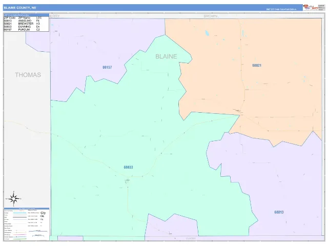 Blaine County, NE ZIP Code Wall Map, ColorCast style