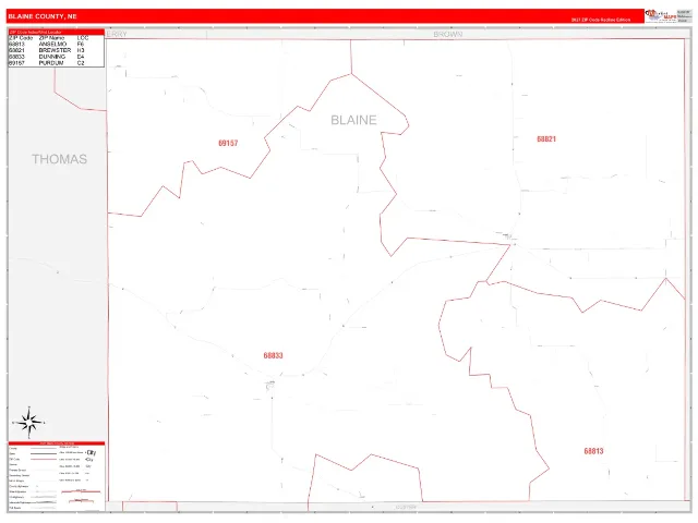 Blaine County, NE ZIP Code Wall Map, RedLine style