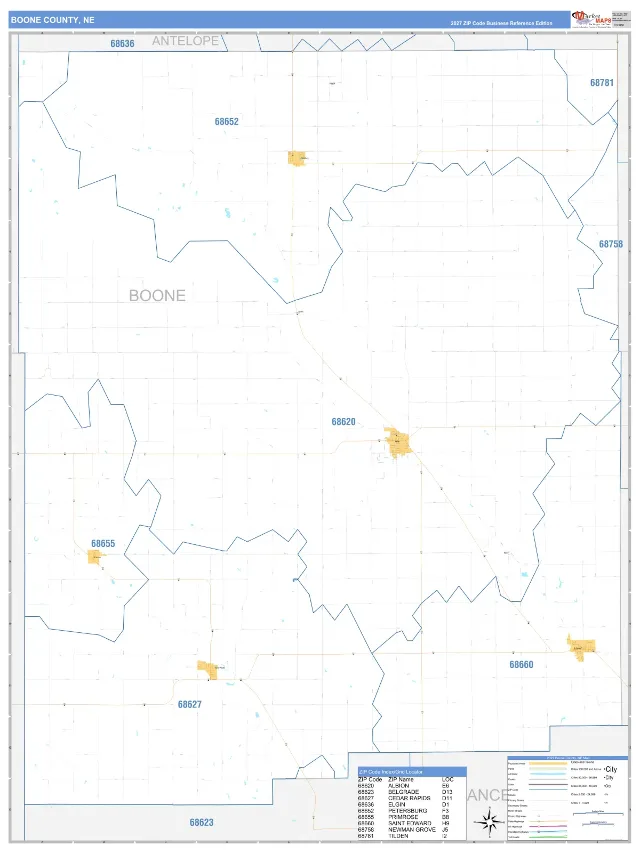 Boone County, NE ZIP Code Wall Map, Business Reference style