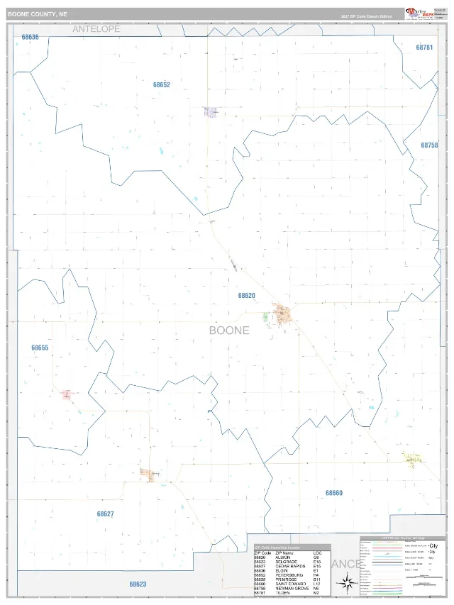 Boone County, NE ZIP Code Wall Map, Classic style