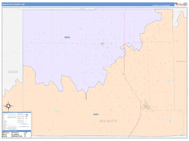 Box Butte County, NE ZIP Code Wall Map, ColorCast style