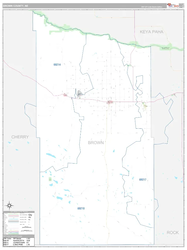 Brown County, NE ZIP Code Wall Map, Classic style